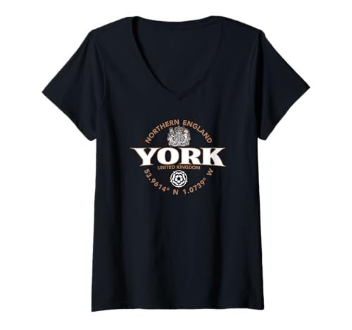 Damen York Nordengland Koordinaten Label 2C T-Shirt mit V-Ausschnitt von JB's York United Kingdom Shop