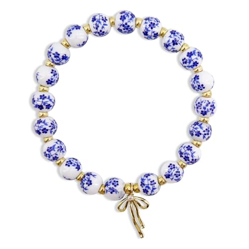 JBESUHI Perlen Schleife Charm Armband für Frauen Blume Vintage Armband handgefertigt Stretch, Small, Gold Keramik Messing, Kein Edelstein von JBESUHI