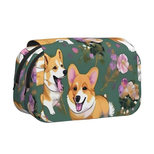 JBJGKHLP Corgi Federmäppchen mit Blumenmuster, vielseitiges Federmäppchen, großes Fassungsvermögen, Aufbewahrung, Make-up, Kulturbeutel, Reisen, Büro von JBJGKHLP