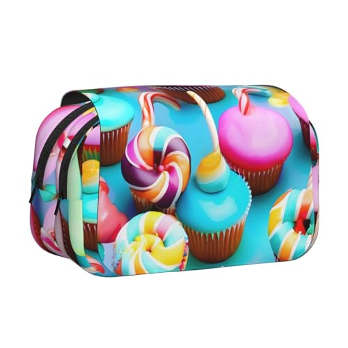 JBJGKHLP Farbenfrohes Federmäppchen mit süßem Lutscher-Cupcake-Donut-Druck, vielseitiges Federmäppchen, große Kapazität, Aufbewahrung, Make-up, Kulturbeutel, Reisen, Büro von JBJGKHLP