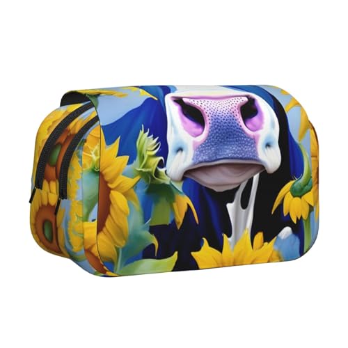 JBJGKHLP Vielseitiges Federmäppchen, Kuh mit Sonnenblumen, großes Fassungsvermögen, Make-up, Kulturbeutel, Reisen, Büro von JBJGKHLP