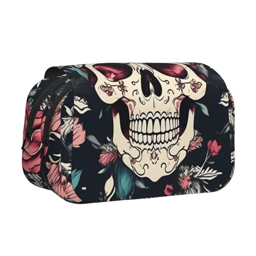 JBJGKHLP Vielseitiges Federmäppchen mit Blumen-Totenkopf-Motiv, großes Fassungsvermögen, Make-up, Kulturbeutel, Reisen, Büro von JBJGKHLP