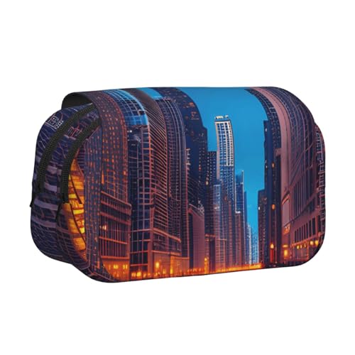 JBJGKHLP Vielseitiges Federmäppchen mit Chicago-Nacht-Aufdruck, großes Fassungsvermögen, Aufbewahrung, Make-up, Kulturbeutel, Reisen, Büro von JBJGKHLP