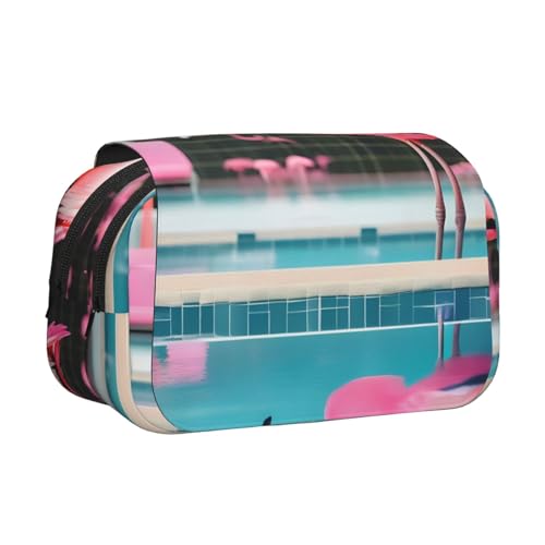 JBJGKHLP Vielseitiges Federmäppchen mit Flamingo- und Schwimmbad-Aufdruck, großes Fassungsvermögen, Aufbewahrung, Make-up, Kulturbeutel, Reisen, Büro von JBJGKHLP