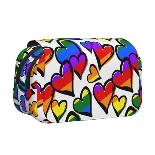 JBJGKHLP Vielseitiges Federmäppchen mit Gay-Pride-Herzen, Regenbogenfarben, großes Fassungsvermögen, Aufbewahrung, Make-up, Kulturbeutel, Reisen, Büro von JBJGKHLP
