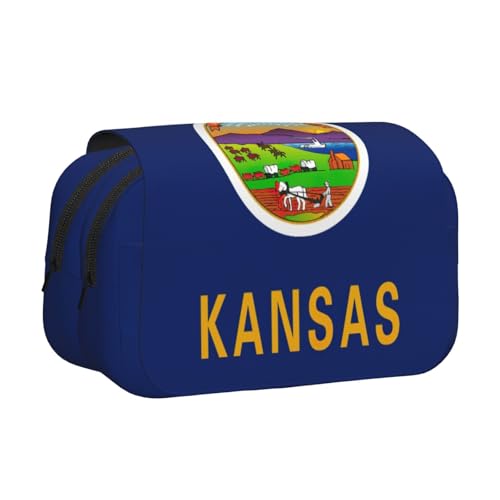 JBJGKHLP Vielseitiges Federmäppchen mit Kansas Staatsflaggen-Druck, großes Fassungsvermögen, Aufbewahrung, Make-up, Kulturbeutel, Reisen, Büro von JBJGKHLP