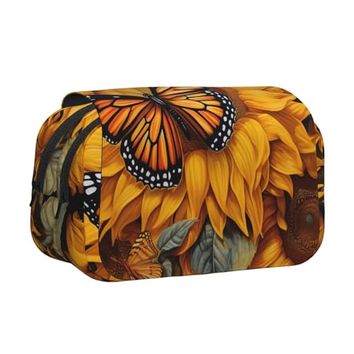 JBJGKHLP Vielseitiges Federmäppchen mit Sonnenblumen-Schmetterlings-Aufdruck, großes Fassungsvermögen, Aufbewahrung, Make-up, Kulturbeutel, Reisen, Büro von JBJGKHLP