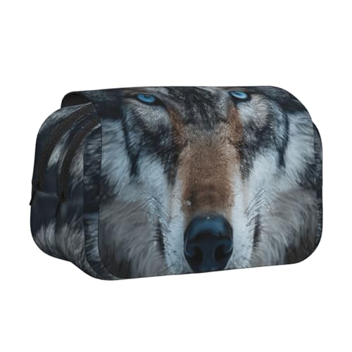 JBJGKHLP Vielseitiges Federmäppchen mit blauen Augen, Wolfsdruck, großes Fassungsvermögen, Aufbewahrung, Make-up, Kulturbeutel, Reisen, Büro von JBJGKHLP