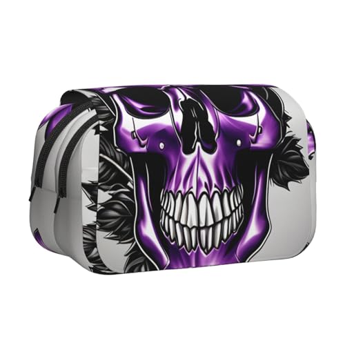 JBJGKHLP Vielseitiges Federmäppchen mit lila Rosen und Totenkopf-Aufdruck, großes Fassungsvermögen, Aufbewahrung, Make-up, Kulturbeutel, Reisen, Büro von JBJGKHLP