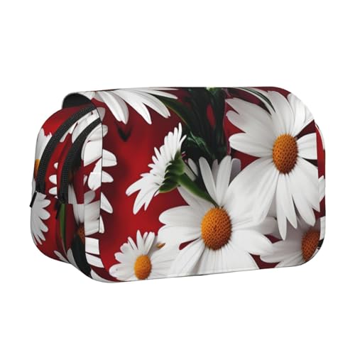 JBJGKHLP Vielseitiges Federmäppchen mit roten Blumen und weißen Gänseblümchen, große Kapazität, Aufbewahrung, Make-up, Kulturbeutel, Reisen, Büro von JBJGKHLP