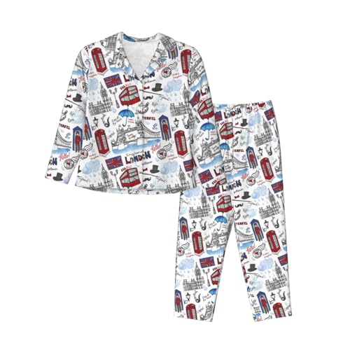 JBYJBX Langärmeliges Pyjama-Set für Damen, London-Druck, weich, klassisch, langlebig, Nachtwäsche und Loungewear, Schwarz, XXL von JBYJBX