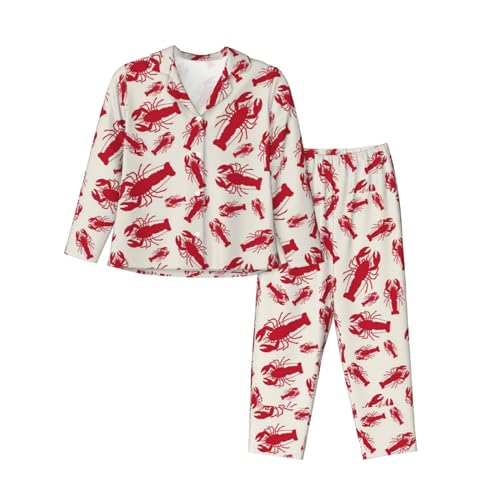 JBYJBX Roter Hummer-Druck, erschwinglich, schick und elegant, langärmeliges Pyjama-Set für Damen, Schwarz, S von JBYJBX