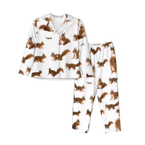 JBYJBX Süße Eichhörnchen Druck weiche klassische Langarm Pyjama-Set für Frauen dauerhafte Nachtwäsche und Moschenbekleidung, schwarzes, XXL von JBYJBX
