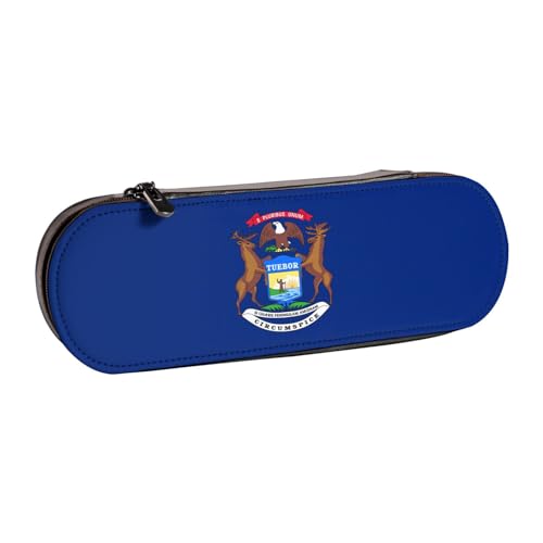 JBYJBX Vielseitiges Leder-Federmäppchen mit Michigan-Staatsflaggen-Druck, kompaktes Lederetui für Damen, Herren, Schwarz , Einheitsgröße von JBYJBX