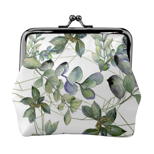 Jbyjbx Kompakte Münzbörse mit grünem Eukalyptusblätter-Druck, niedlich, klein, mit Reißverschluss, mit Kussverschluss, für den täglichen Gebrauch und als Geschenk von JBYJBX