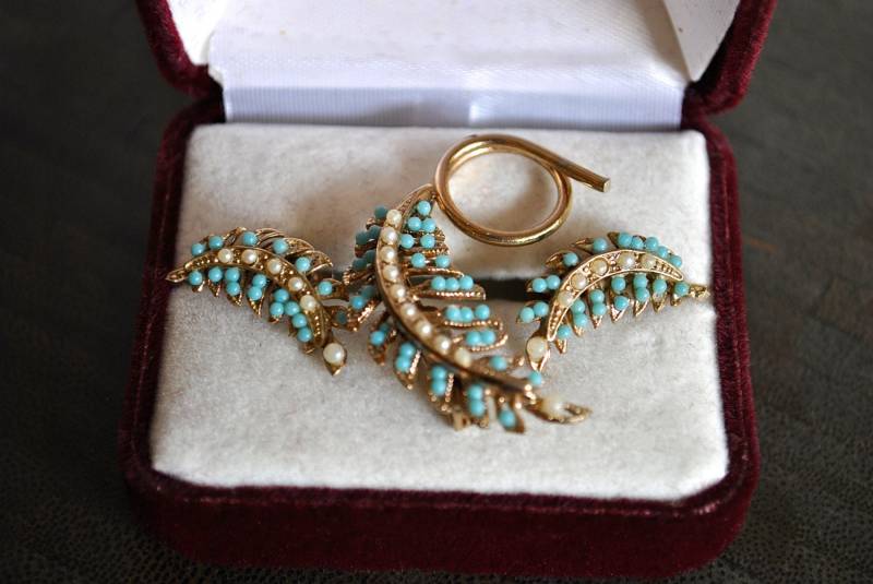 Vintage Baby-Samen-Torquoise Perle Brosche.ohrring + Brosche von JBeseda