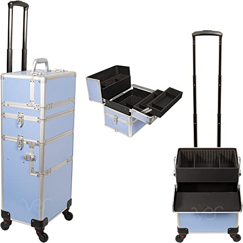 JC Beauty 6 in 1 Professionelle Aluminium Austauschbare Rollen Make-up Zug Fall Große Kapazität Trolley Reise Lagerung Kosmetik Organizer Tragbare Extra Deckel, Lavendelstreifen, 6 in 1 von JC Beauty