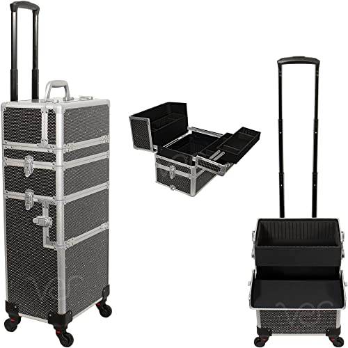 JC Beauty 6 in 1 Professionelle Aluminium Austauschbare Rollen Make-up Zug Fall Große Kapazität Trolley Reise Lagerung Kosmetik Organizer Tragbare Extra Deckel, Schwarz/Kristall, 6 in 1 von JC Beauty