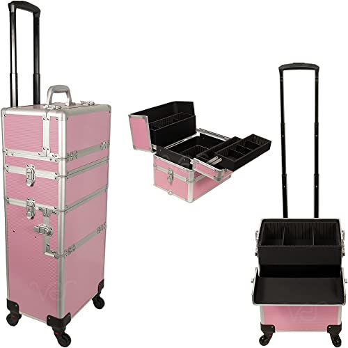 JC Beauty 6 in 1 Professionelle Aluminium Austauschbare Rollen Make-up Zug Fall Große Kapazität Trolley Reise Lagerung Kosmetik Organizer Tragbare Extra Deckel, rosa Streifen, 6 in 1 Professioneller von JC Beauty