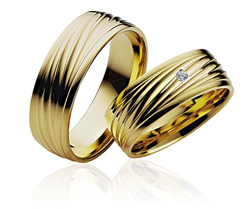 JC Trauringe 2x Gold Plattiert I Ehe-Ringe mit kostenloser Gravur I Verlobungsringe 6,5mm breit inkl. Etui-Box I Herren-Ring ohne & Damen-Ring mit Zirkonia-Stein I Gr. 48 bis 72 I P932 von JC Trauringe