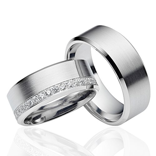 JC Trauringe 925er Sterling Silber Paar-Preis I Ehe-Ringe inkl. kostenloser Gravur I Verlobungsringe 7,5 mm breit inkl. Etui I Herren-Ring I Damen-Ring mit 42 Swarovski-Steinen I Gr. 48 bis 72 I LC10 von JC Trauringe