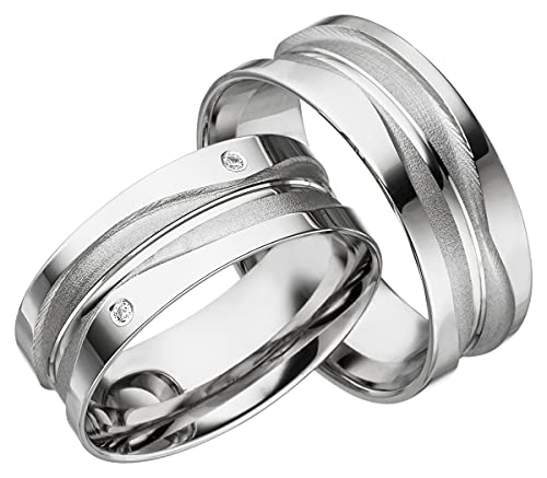 JC Trauringe 925er Sterling Silber Paarpreis I Ehe-Ringe mit kostenfreier Gravur I Partnerringe 7,5 mm breit inkl. Etui-Box I Herren-Ring ohne & Damen-Ring mit Zirkonia-Stein I Gr. 48 bis 72 I S012-S von JC Trauringe