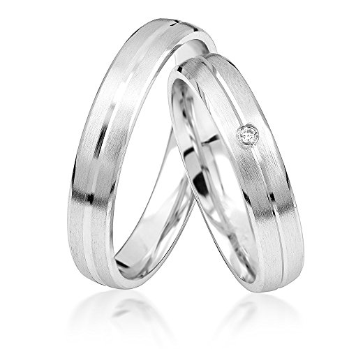 JC Trauringe 925er Sterling Silber Paar-Preis I Ehe-Ringe inkl. kostenloser Gravur I Verlobungsringe 4,5 mm breit inkl. Etui I Herren-Ring ohne & Damen-Ring mit Zirkonia-Stein I Gr. 48 bis 72 I S062 von JC Trauringe