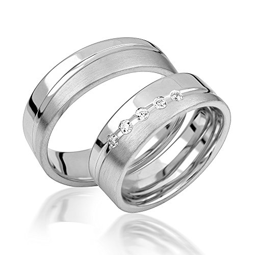 JC Trauringe 925er Sterling Silber Paar-Preis I Ehe-Ringe mit kostenloser Gravur I Verlobungsringe 6 mm breit mit Etui-Box I Herren-Ring ohne & Damen-Ring mit 5 Zirkonia-Steinen I Gr. 48 bis 72 I S071 von JC Trauringe