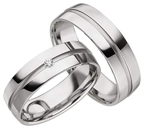 JC Trauringe 925er Sterling Silber Paar-Preis I Ehe-Ringe mit kostenloser Gravur I Verlobungsringe 6 mm breit inkl. Etui-Box I Herren-Ring ohne & Damen-Ring mit Zirkonia-Stein I Gr. 48 bis 72 I A19 von JC Trauringe