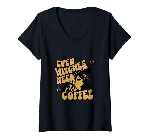 Damen Even Witches Need Coffee Halloween Fun T-Shirt mit V-Ausschnitt von JC T-Shirts