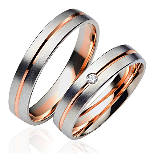 JC Trauringe Gold 333 Paarpreis Bicolor Rotgold und Weißgold I Eheringe breit 4,5 mm I Partnerringe mit Gravur in edler Schatulle I 2 Hochzeitsringe Herrenring ohne & Damenring mit Stein I C062 von JC Trauringe