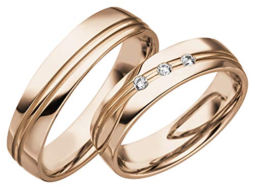 JC Trauringe aus 585er Gold | Paar-Preis Ehe-Ringe mit kostenfreier Gravur I Partnerringe Hochzeitsringe in Rotgold 5 mm breit inkl. Etui-Box | Herren-Ring ohne & Damen-Ring mit Zirkonia-Steinen C065 von JC Trauringe