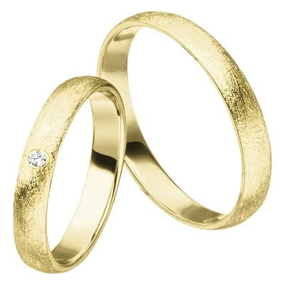 JC Trauringe 925 Silber vergoldet Paar-Preis I Eheringe mit kostenfreier Gravur I Partnerringe 3,0 mm breit inkl. Etui I Herren-Ring ohne & Damen-Ring mit Zirkonia-Stein I Größe 45 bis 76 I MT07-GP von JC Trauringe