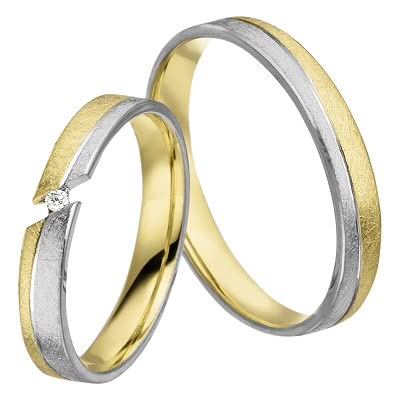 JC Trauringe 925 Silber vergoldet Paar-Preis I Eheringe mit kostenfreier Gravur I Partnerringe 3,0 mm breit inkl. Etui I Herren-Ring ohne & Damen-Ring mit Zirkonia-Stein I Größe 45 bis 76 I MT10-GP von JC Trauringe