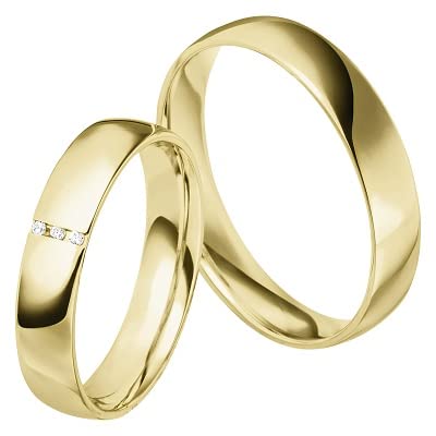 JC Trauringe 925 Silber vergoldet Paar-Preis I Eheringe mit kostenfreier Gravur I Partnerringe 4,5 mm breit inkl. Etui I Herren-Ring ohne & Damen-Ring mit Zirkonia-Steinen I Größe 45 bis 76 I MT30-GP von JC Trauringe