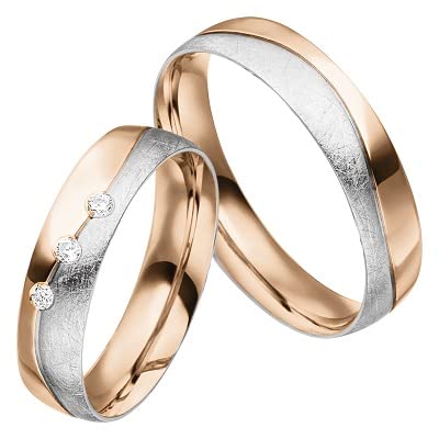 JC Trauringe 925 Silber vergoldet Paar-Preis I Eheringe mit kostenfreier Gravur I Partnerringe 5,0 mm breit inkl. Etui I Herren-Ring ohne & Damen-Ring mit Zirkonia-Steinen I Größe 45 bis 76 I MT34-GP von JC Trauringe