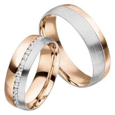JC Trauringe 925 Silber vergoldet Paar-Preis I Eheringe mit kostenfreier Gravur I Partnerringe 6,0 mm breit inkl. Etui I Herren-Ring ohne & Damen-Ring mit Zirkonia-Steinen I Größe 45 bis 76 I MT32-GP von JC Trauringe