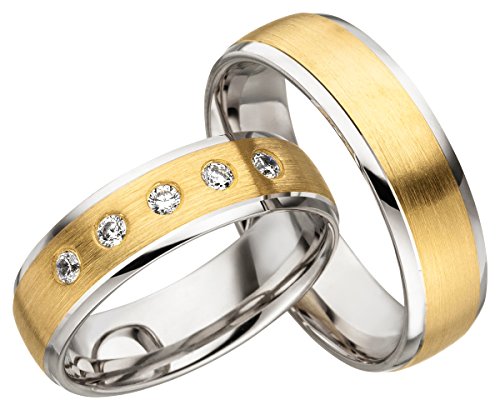 JC Trauringe 925er Sterling Silber Gold Plattiert Paarpreis I Ehe-Ringe bi-color mit kostenloser Gravur I Verlobungsringe 6 mm breit inkl. Etui-Box I Damen-Ring mit 5 Steinen I Gr. 48 bis 72 I JC012 von JC Trauringe