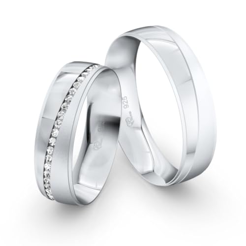 JC Trauringe 925er Sterling Silber Paar-Preis I Ehe-Ringe mit kostenloser Gravur I Verlobungsringe 5,5 mm breit inkl. Etui-Box I Herren-Ring ohne & Damen-Ring mit Zirkonia-Steinen | AGM171 von JC Trauringe