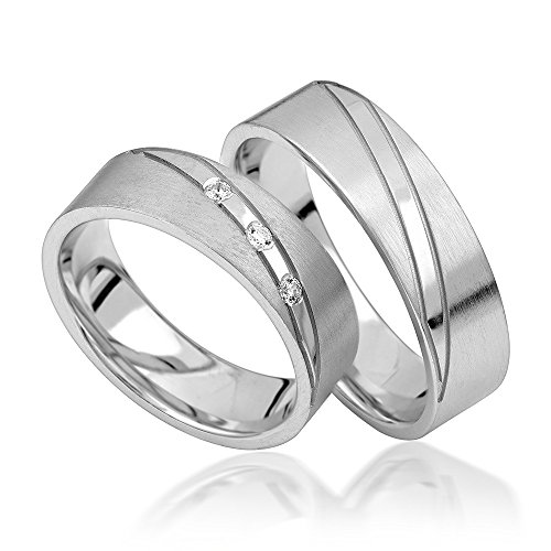 JC Trauringe 925er Sterling Silber Paar-Preis I Ehe-Ringe mit kostenloser Gravur I Verlobungsringe 6 mm breit inkl. Etui-Box I Herren-Ring ohne & Damen-Ring mit Zirkonia-Stein I Gr. 48 bis 72 I S054-S von JC Trauringe