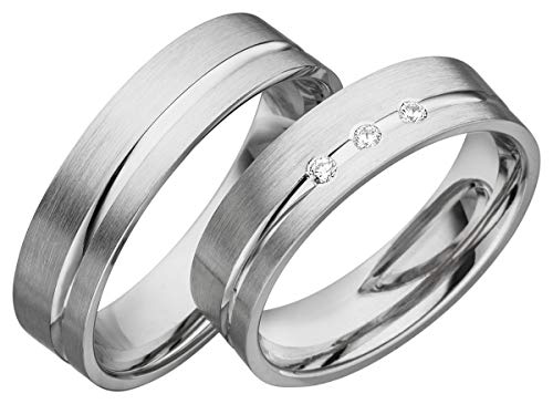 JC Trauringe 925er Sterling Silber Paar-Preis I Eheringe mit kostenfreier Gravur I Partnerringe 5,5mm breit inkl. Etui I Herren-Ring ohne & Damen-Ring mit Zirkonia-Steine I Größe 48 bis 72 I S021 von JC Trauringe