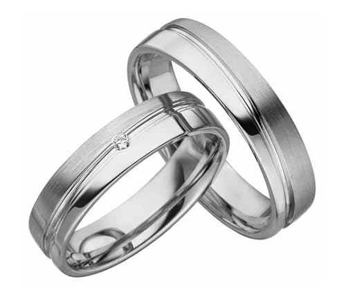 JC Trauringe 925er Sterling Silber Paar-Preis I Eheringe mit kostenfreier Gravur I Partnerringe 5mm breit inkl. Etui I Herren-Ring ohne & Damen-Ring mit Zirkonia-Stein I Größe 48 bis 72 I S039 von JC Trauringe