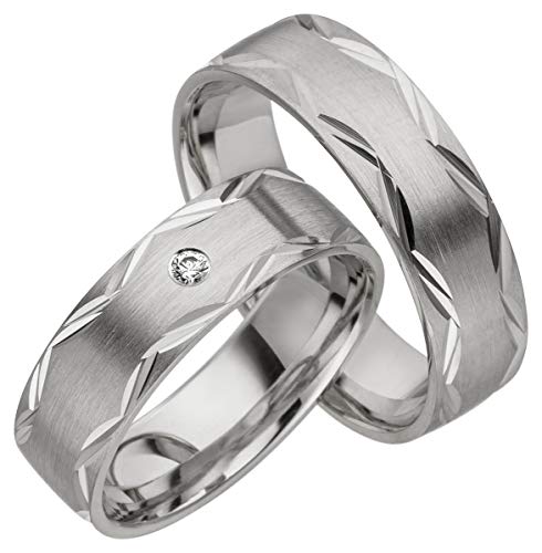 JC Trauringe 925er Sterling Silber Paar-Preis I Eheringe mit kostenfreier Gravur I Partnerringe 6mm breit inkl. Etui I Herren-Ring ohne & Damen-Ring mit Zirkonia-Stein I Größe 48 bis 72 I A03 von JC Trauringe