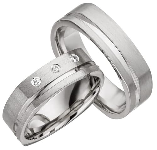 JC Trauringe 925er Sterling Silber Paar-Preis I Eheringe mit kostenfreier Gravur I Partnerringe 6mm breit inkl. Etui I Herren-Ring ohne & Damen-Ring mit Zirkonia-Steine I Größe 48 bis 72 I A17 von JC Trauringe