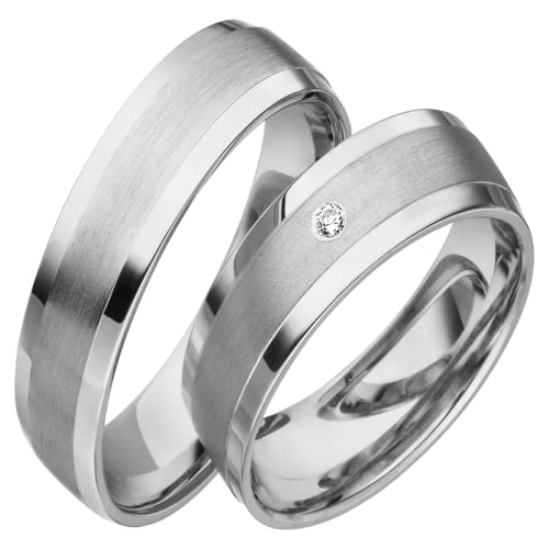 JC Trauringe 925er Sterling Silber Paar-Preis I Eheringe mit kostenfreier Gravur I Partnerringe 6mm breit inkl. Etui I Herren-Ring ohne & Damen-Ring mit einem Diamanten I Größe 48 bis 72 I S046 von JC Trauringe