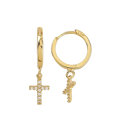 JC Trauringe Echt Gold Damen Ohrringe Creolen Kreuz-Anhänger mit Zirkonia Steine in 585 Gelbgold Clip Verschluss Gold Kreuzohrringe Schmuck 8433 von JC Trauringe