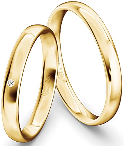 JC Trauringe Gelbgold 333 Paarpreis Eheringe Gold I Verlobungsringe Gold breit 3,0 mm I Partnerringe mit Gravur in edler Schatulle I 2 Hochzeitsringe Herrenring & Damenring mit Stein I Profil 10 von JC Trauringe