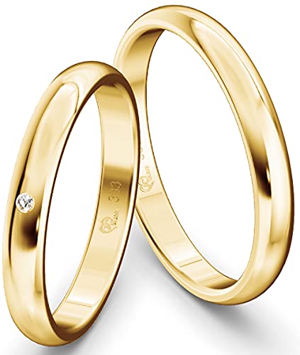 JC Trauringe Gelbgold 333 Paarpreis Eheringe Gold I Verlobungsringe Gold breit 3,0 mm I Partnerringe mit Gravur in edler Schatulle I 2 Hochzeitsringe Herrenring & Damenring mit Stein I Profil 14 von JC Trauringe