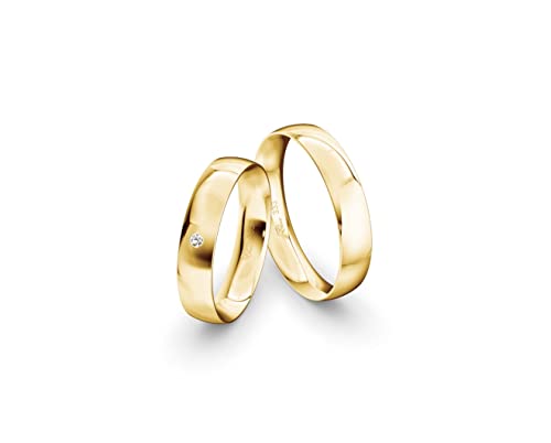 JC Trauringe Gelbgold 333 Paarpreis Eheringe Gold | Verlobungsringe Gold breit 4,5 mm I Partnerringe mit Gravur in edler Schatulle I 2 Hochzeitsringe Herrenring & Damenring mit Stein (Profil 04) von JC Trauringe