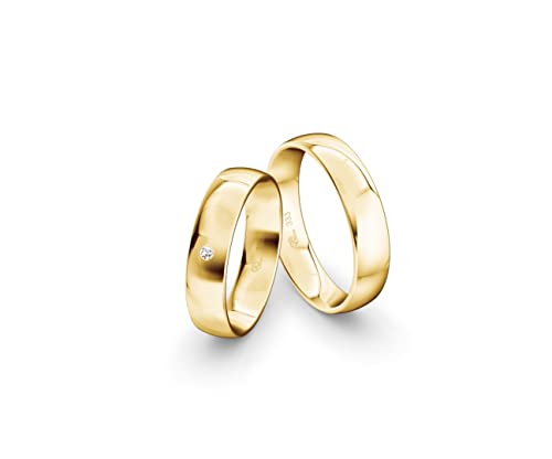 JC Trauringe Gelbgold 333 Paarpreis Eheringe Gold | Verlobungsringe Gold breit 5,0 mm I Partnerringe mit Gravur in edler Schatulle I 2 Hochzeitsringe Herrenring & Damenring mit Stein (Profil 10) von JC Trauringe
